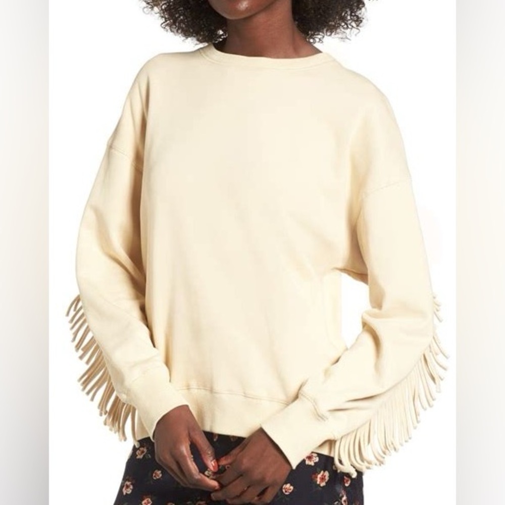J.O.A. Los Angeles Women's Size L Fringe Back Beige Sweatshirt Boho Western Cozy